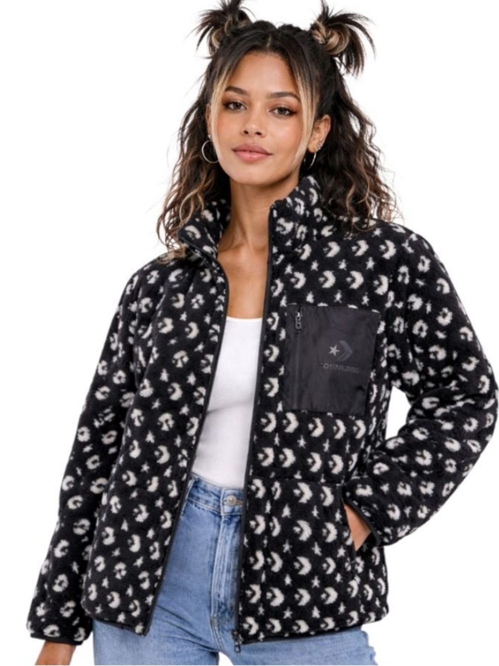 Converse Black and White Patterned Sherpa Jacket